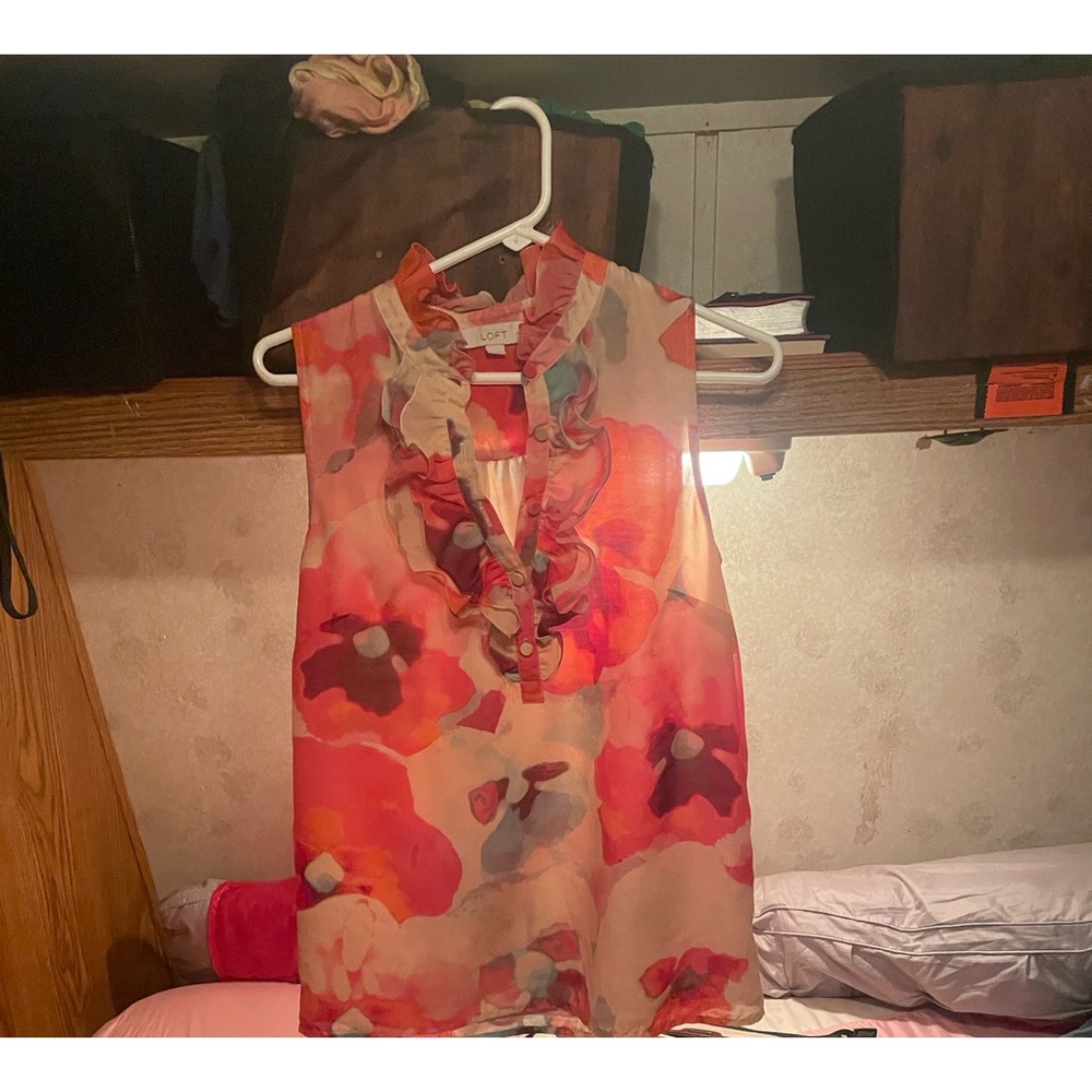 LOFT Floral Ruffle Blouse - Pink and Red